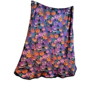 Vintage Y2K 90s Myonne M Floral Midi Skirt Purple Orange Flowy Satiny Fairy Glam
